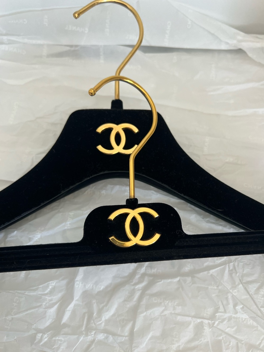 CHANEL 2 PC Black Velvet Hanger with Gold CC Emblem Authentic Dress Skirt Pants